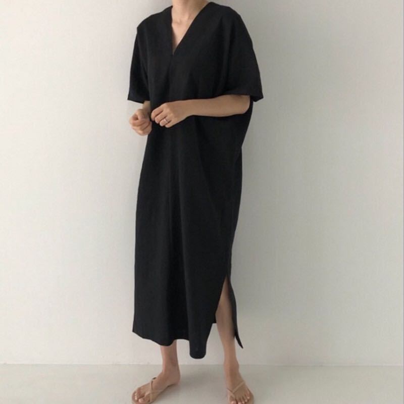 ワンピース ロングワンピ レディース ハイネック Vネック 体型カバー カジュアル