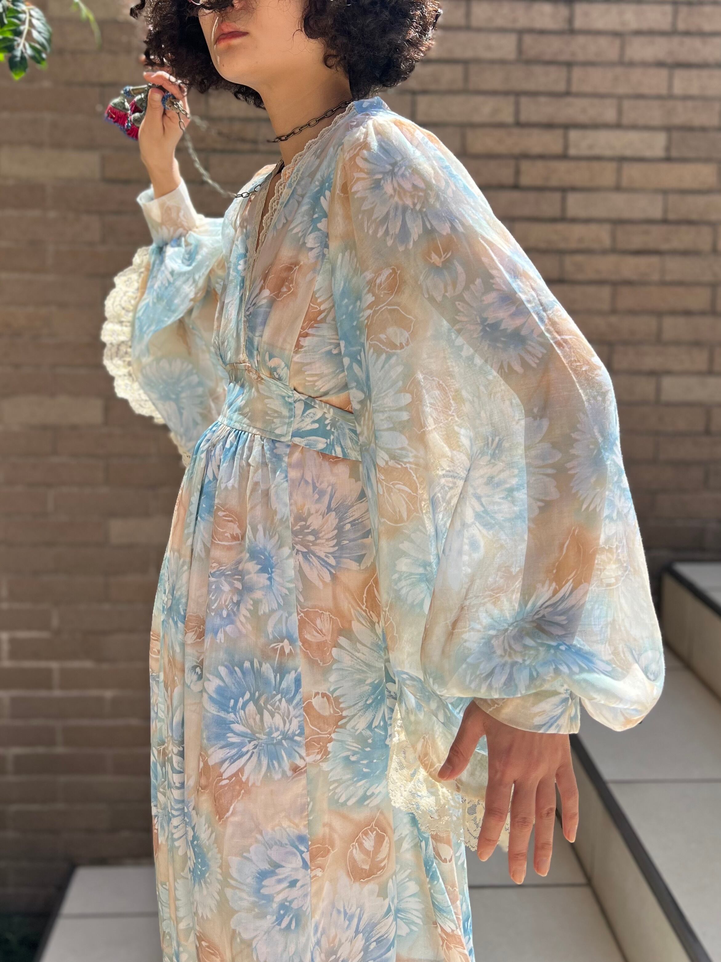 70s floral × lace dress ( ヴィンテージ 花柄 × レース ワンピース