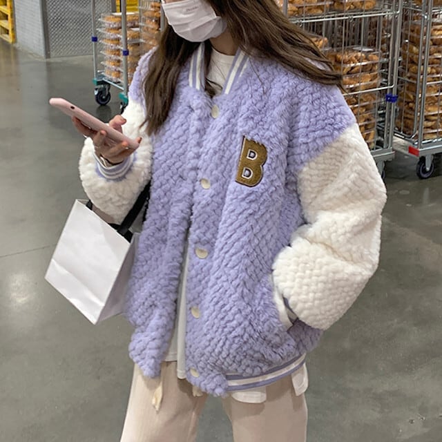 スタジャン レディース アウター シンプル ロゴ オーバーシルエット かっこいい あたたか 防寒 真冬 パープル パステルカラー