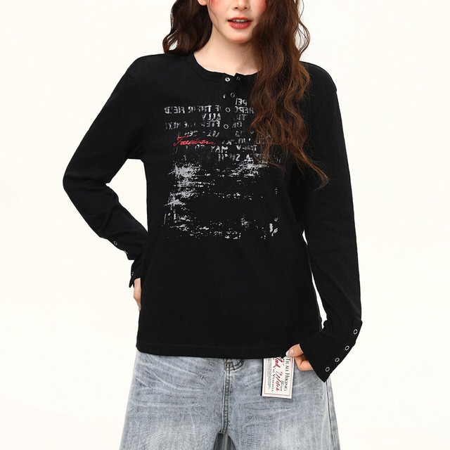ヴィンテージライクレタリングヘンリーネックTシャツ 2col R02520