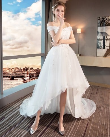 エレガント ウエディングドレス ホワイト オフショルダー フィッシュ  