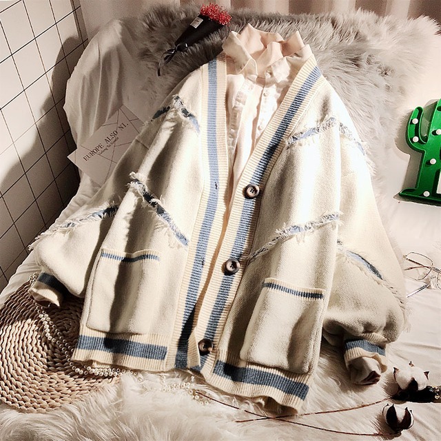 カーディガン アウター 厚手 かわいい ダメージ 個性的 原宿 冬 カジュアル 韓国ファッション 219