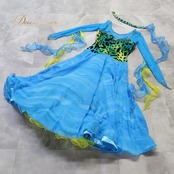社交ダンス 衣装 TSUKIOKA ツキオカ ドレス ワンピース スタンダード ブルー系 ラインストーン デモ 競技用 青 水色 黄 緑 グラデーション チョーカー レース かわいい 華やか ダンス衣装 イベント ステージ ヒョウ柄 グリーン系 イエロー系