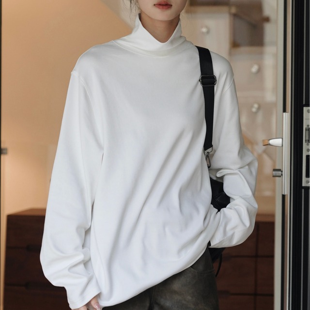 High neck cotton blend long sleeve T-shirt   G883