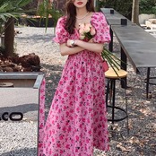 Square Neck Puff Sleeve Floral Dress 5091