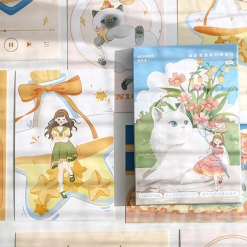 猫系ポストカード ゆめかわ ファンシー 小さな女の子と猫のかわいい