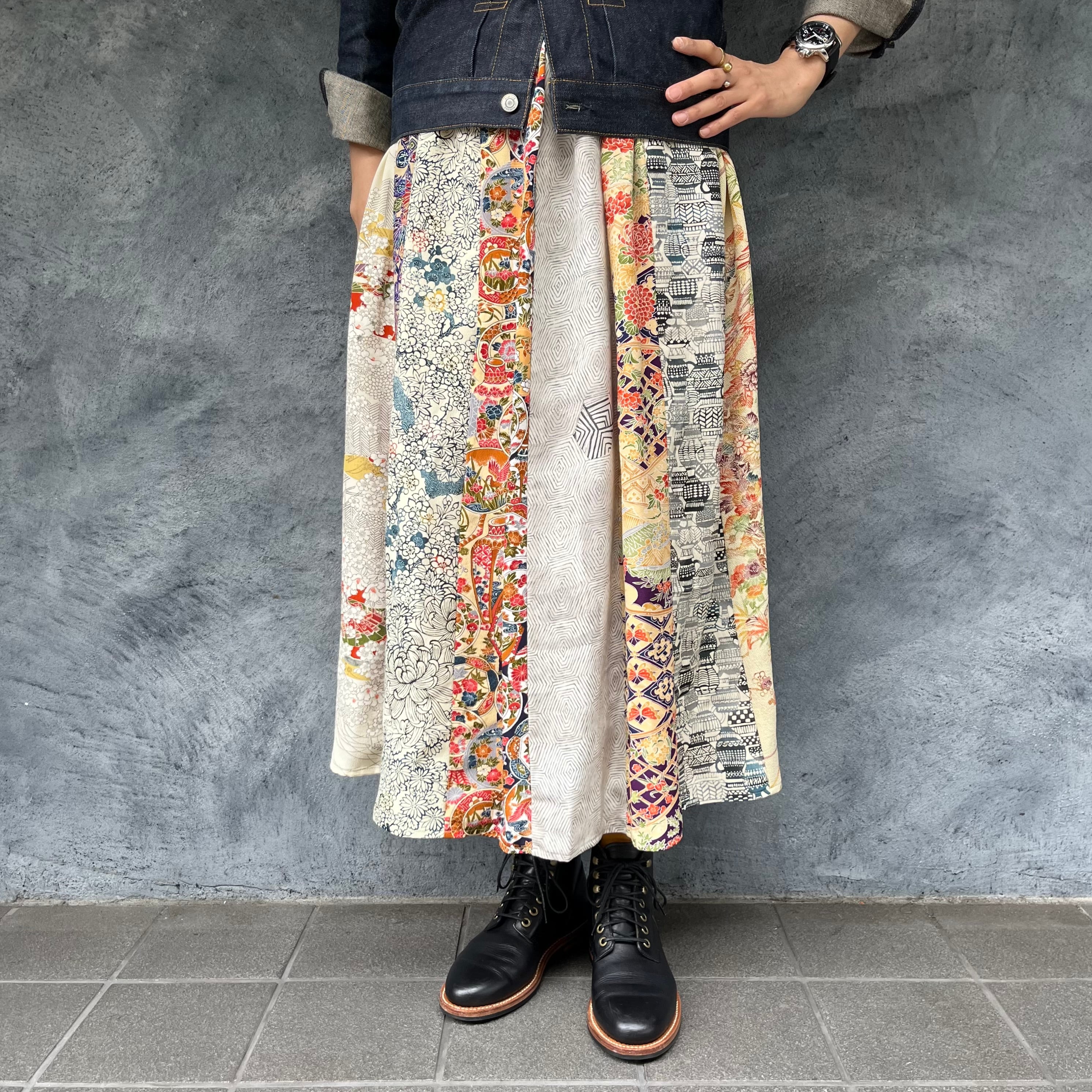 着物リメイクMIXギャザーロングスカート - kimono elastic waist skirt
