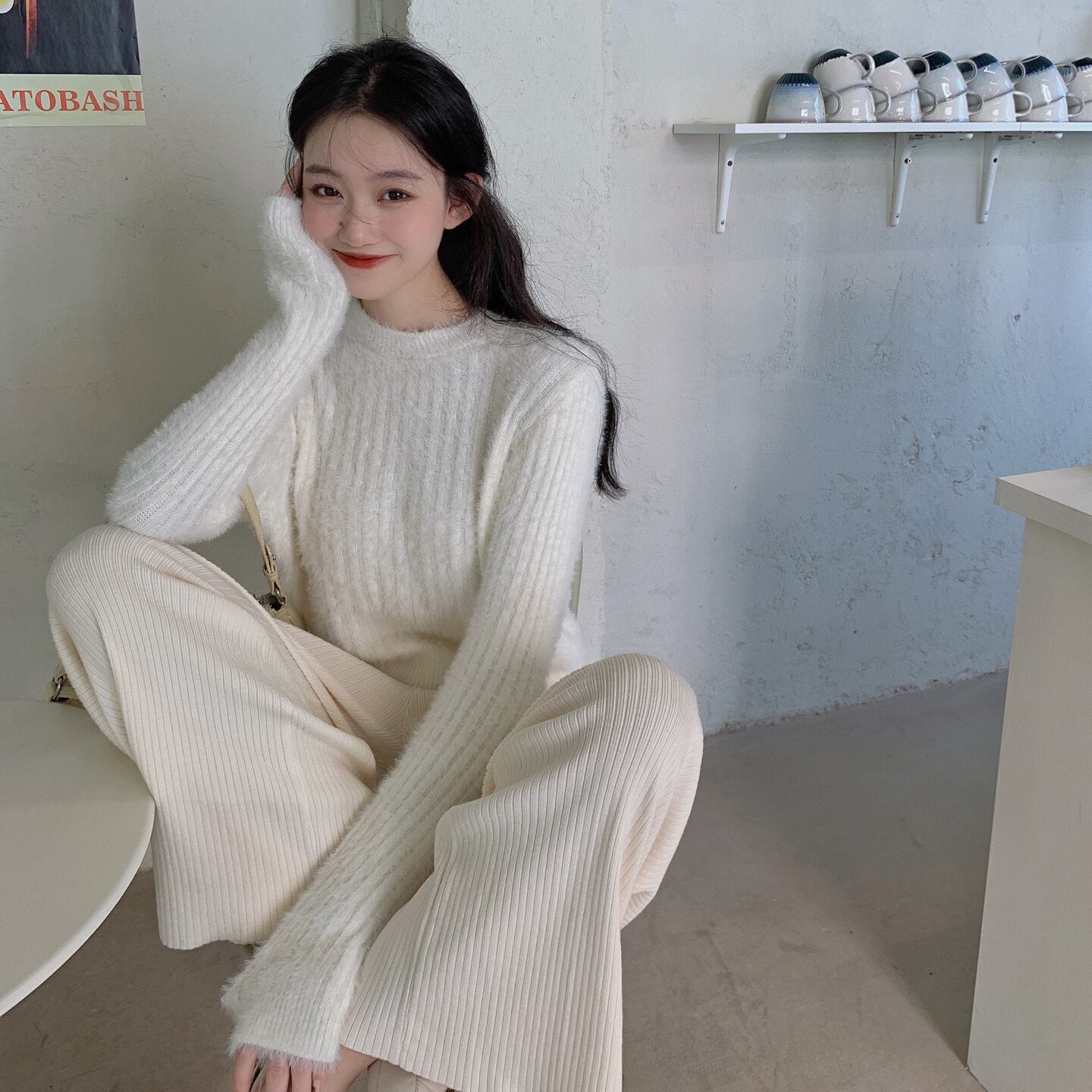 オータムウィンタールーズスリムラウンドネックセーター ニットレディースハイウェストウェストロングパンツ 秋物 冬物 Oネック ドラファッションホール21402327249