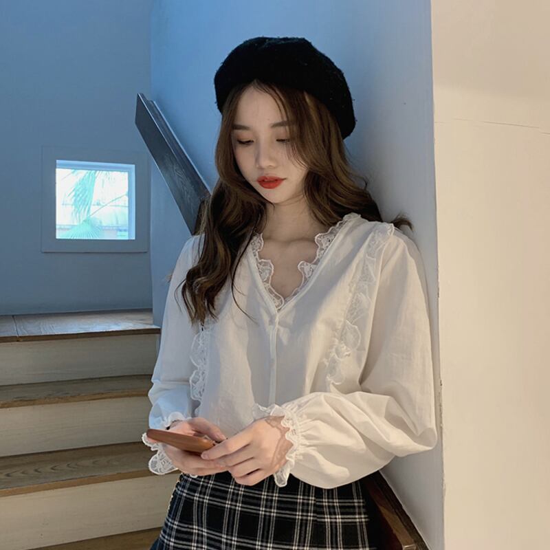 スプリングスタイルスタンダードVネックカーディガンブラウス ホワイトレースシャツ レディース ロング レトロ 春物 試着室17132059391