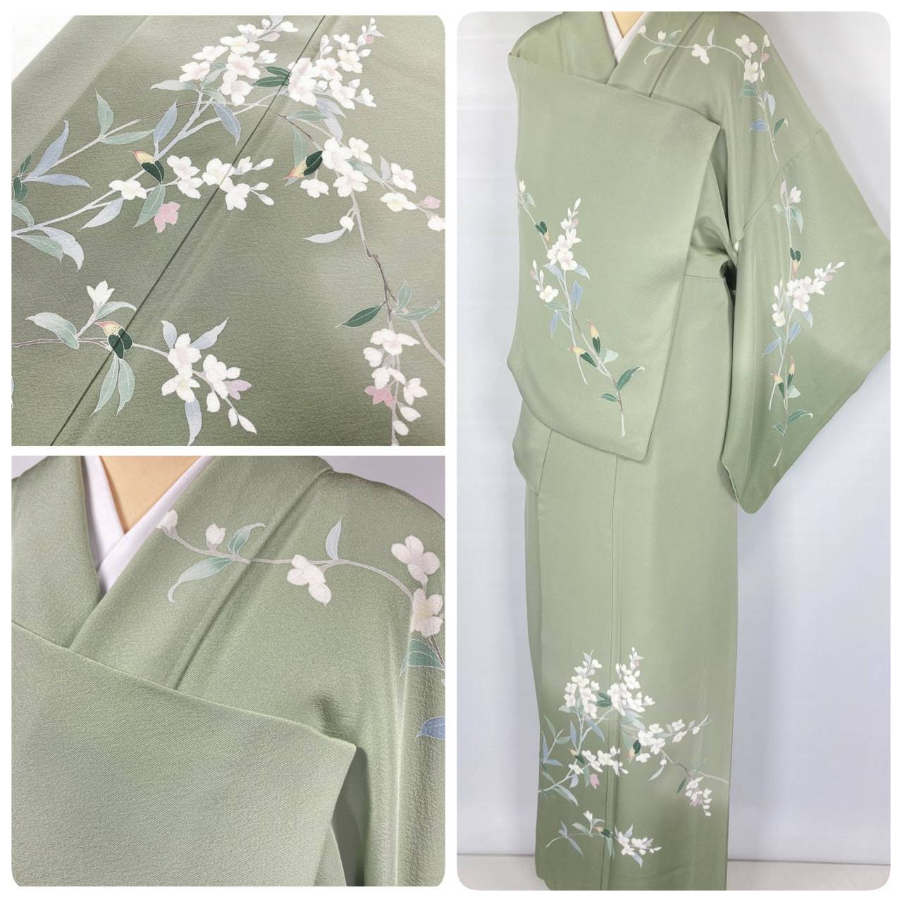 作家物 京加賀友禅 訪問着 花柄 椿 正絹 緑 黄緑 白 1141 | kimono Re:和 [online store] キモノリワ 着物 帯