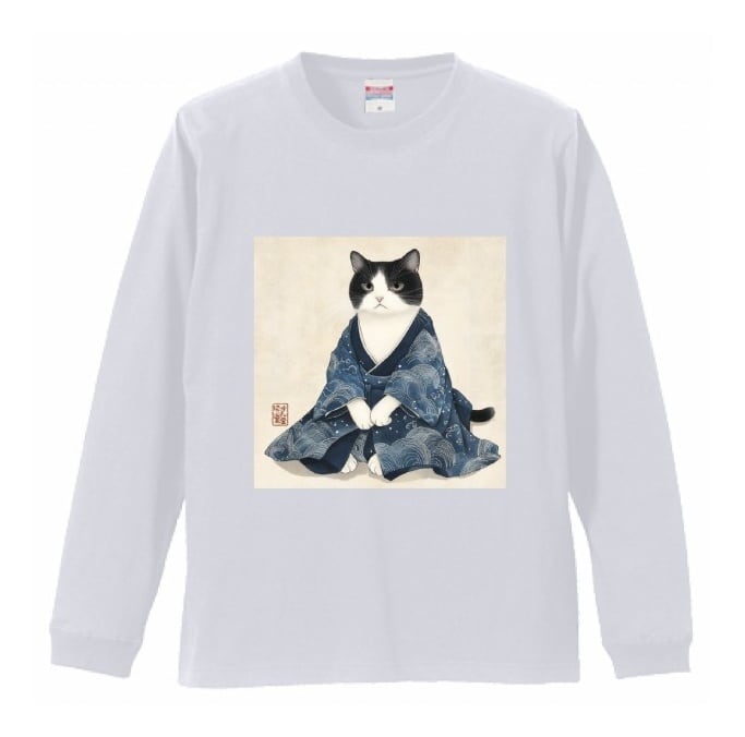 風格まとう白黒猫 ロングTシャツ リブ付 / Stylish black and white cat long t-shirt with ribbing