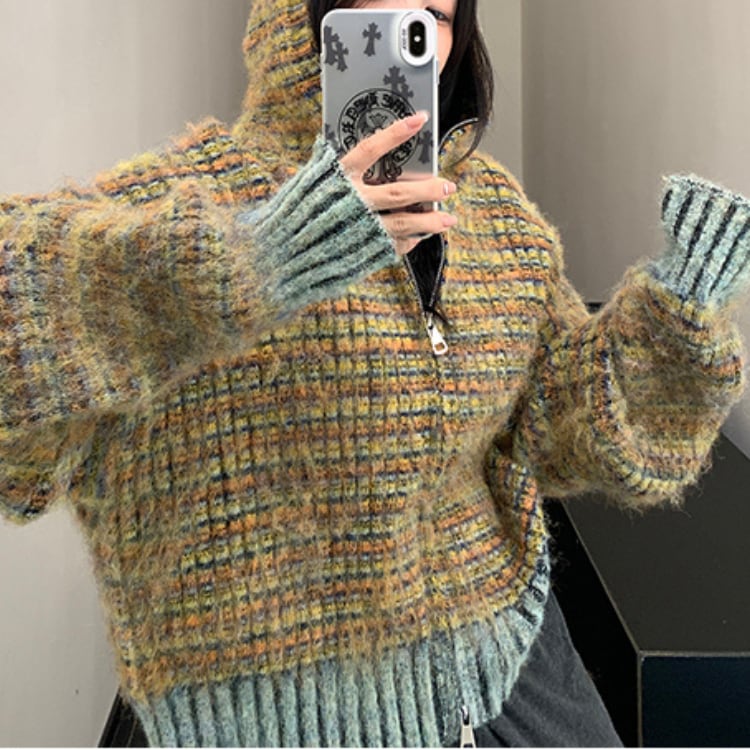 ふんわり起毛チェック風ゆるニットパーカーL00426