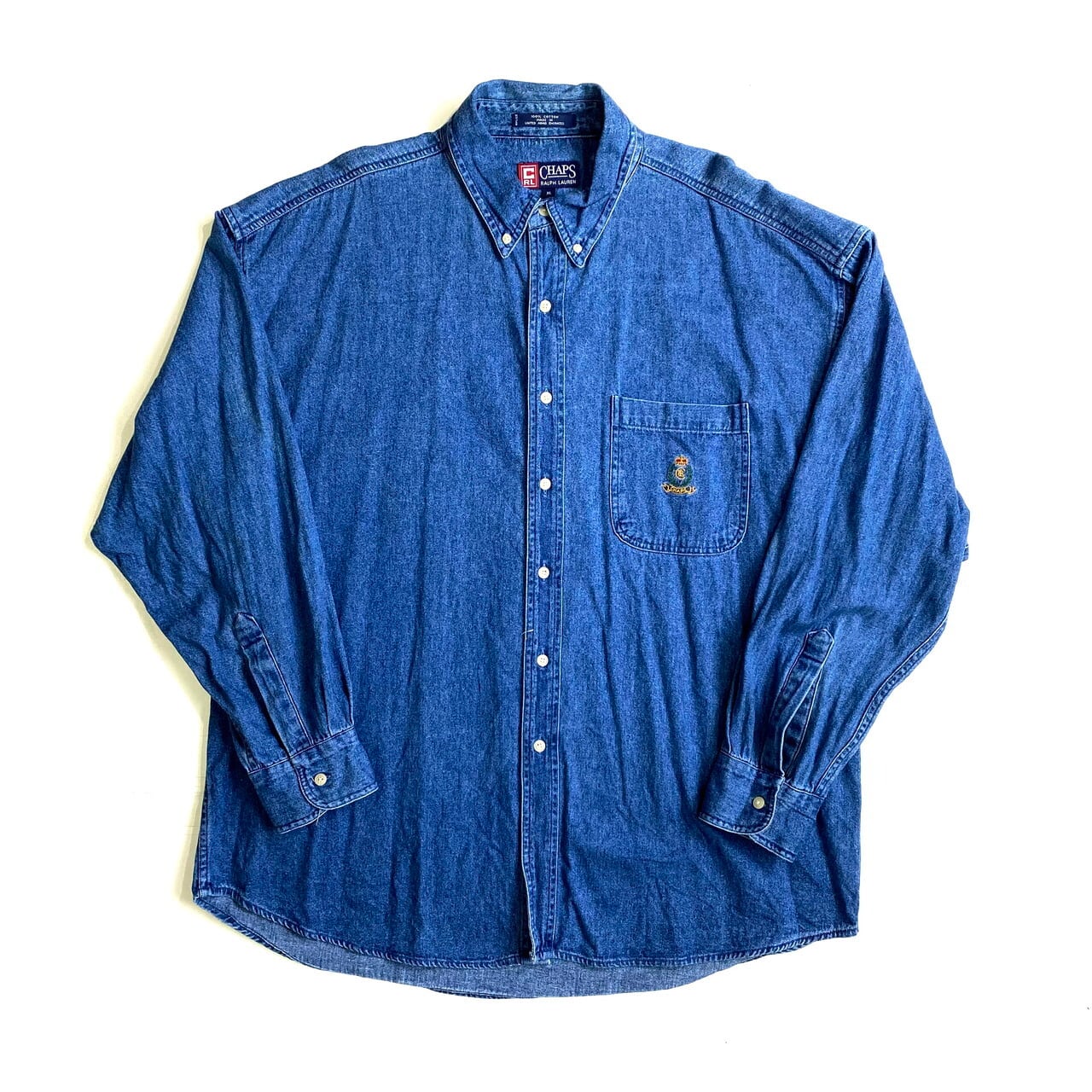 ラルフローレン ロゴ刺繍長袖BDシャツ ヘリンボーン ブルー ビッグサイズ