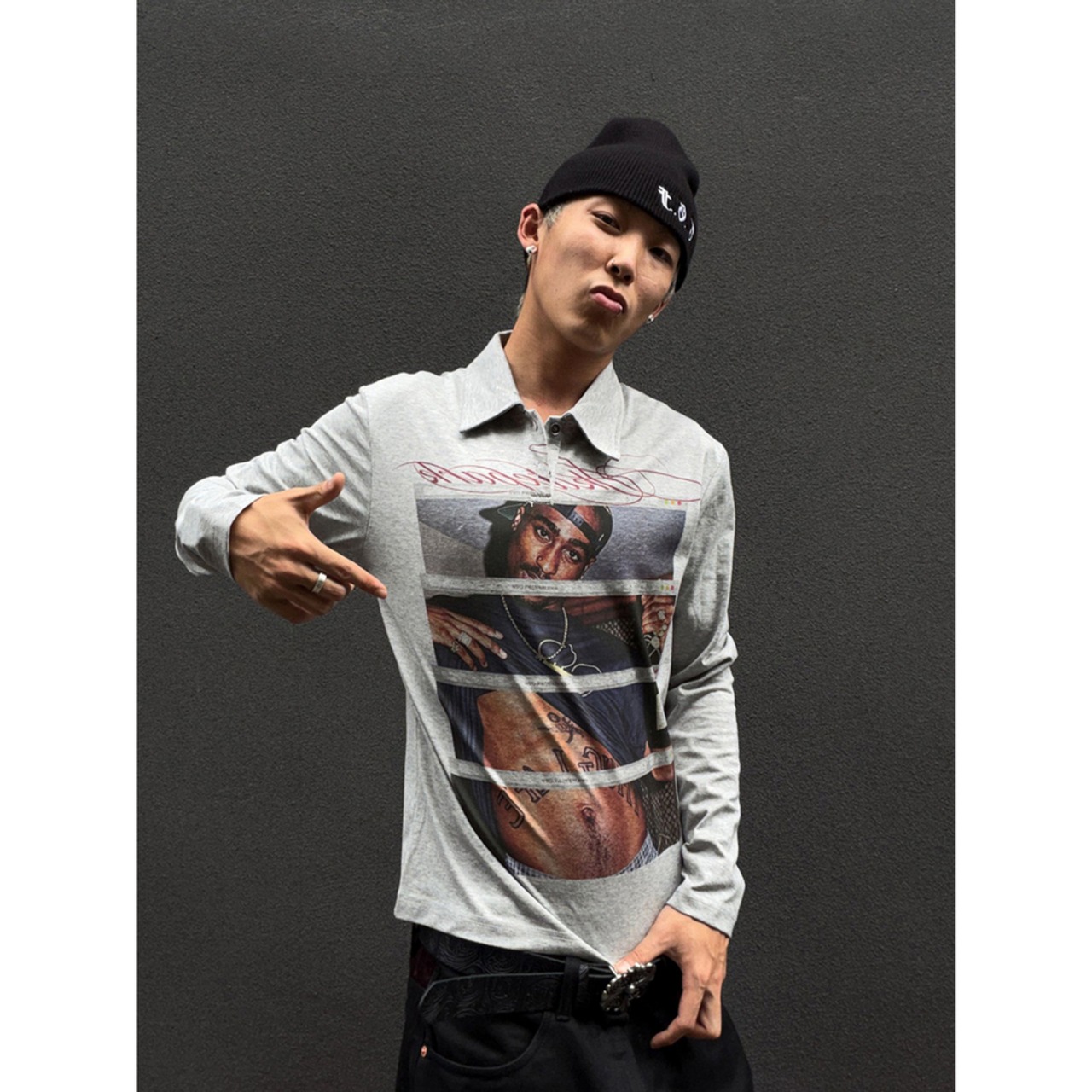 VINTAGE ストリート Thug Life グラフィック ポロロングTシャツ T2244