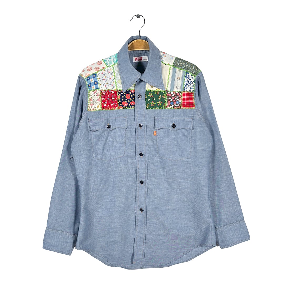 70s リーバイス 手芸 パッチワーク ヴィンテージ シャンブレーシャツ 長袖シャツ Levis オレンジタブ サイズM CA1569