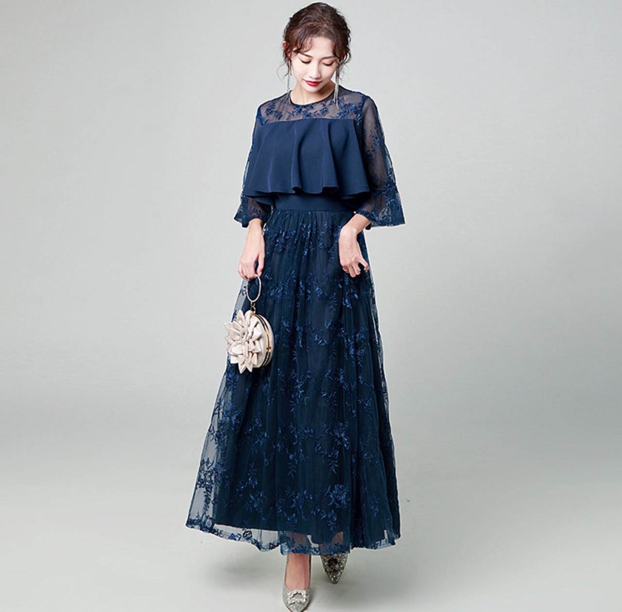 4colour> レース ロング ワンピース ドレス(グレー・ネイビー 4colour> レース ロング ワンピース ドレス(グレー・ネイビー