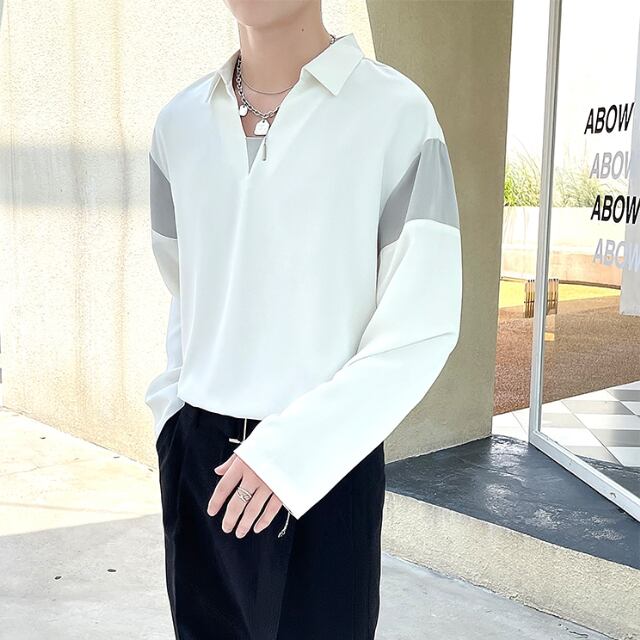 【予約販売】シャツ 長袖 シンプル 無地 Vネック ベーシック バイカラー ライン メンズ ホワイト ブラック ベージュ カジュアル シック 結婚式 フォーマル こなれ感 お洒落 韓国 トレンド 春 秋 M/L/XL/2XL