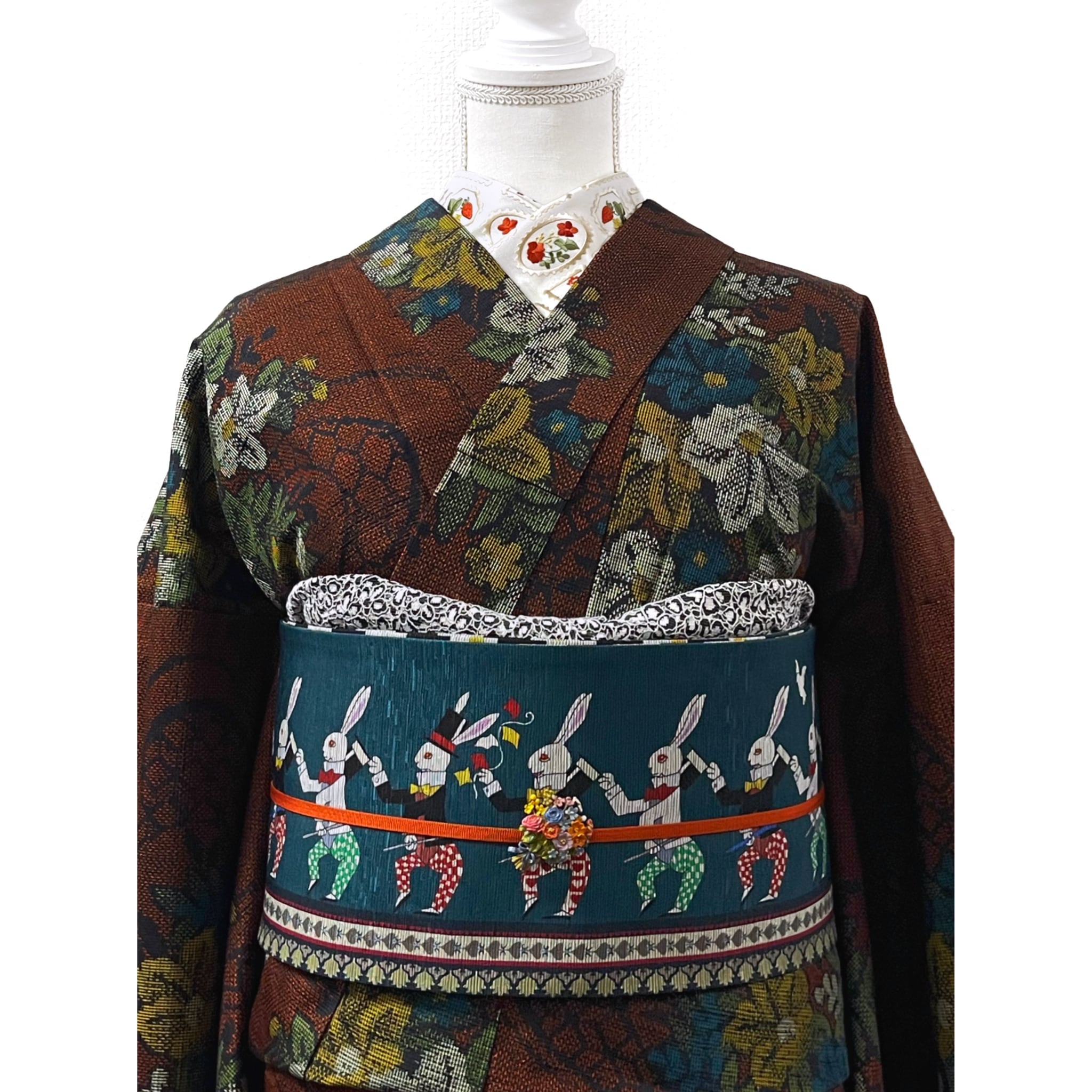 新品】召しませ花 ラビット リバーシブル半幅帯(ピーコックブルー