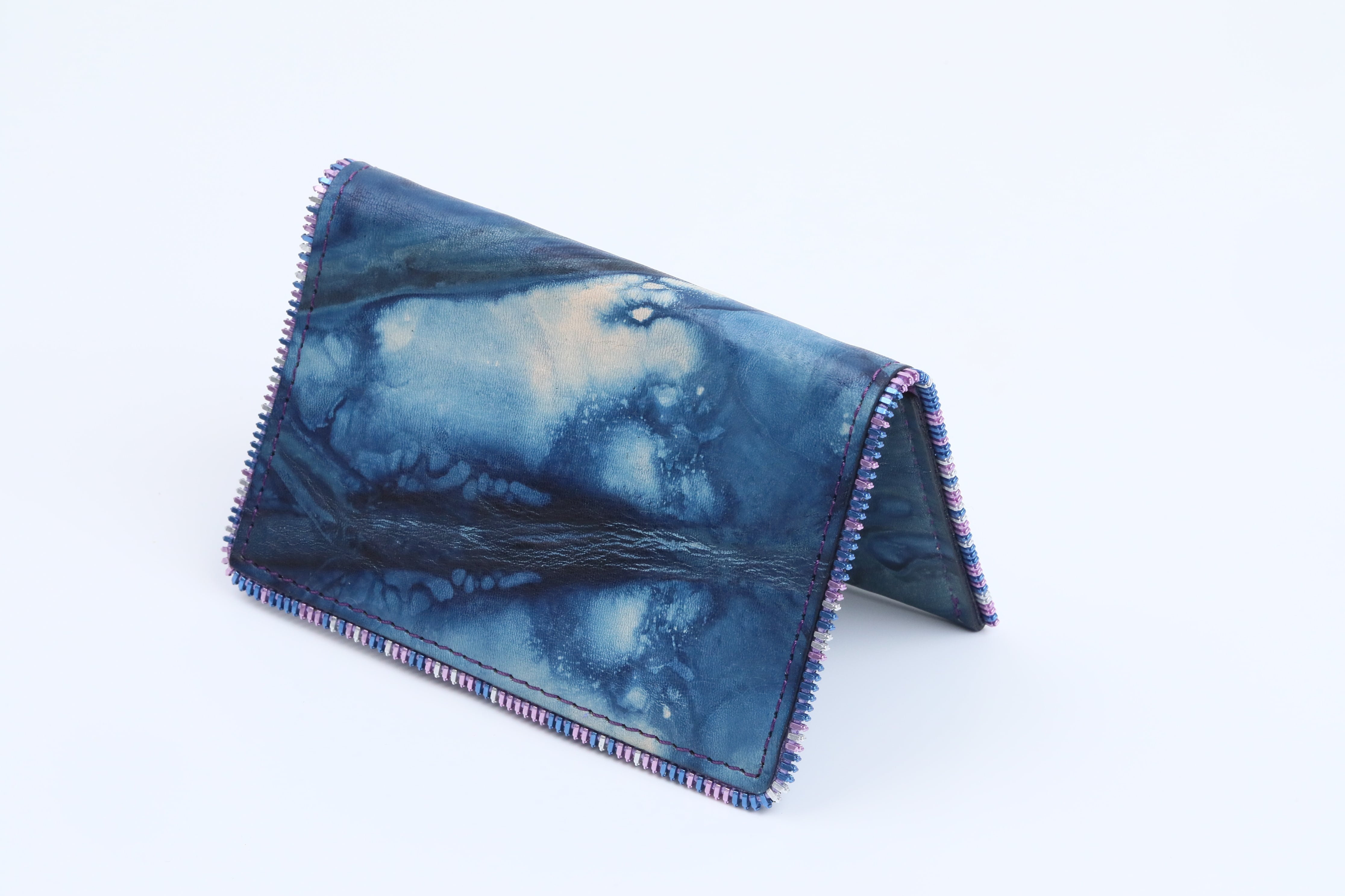 AIRANOR Indigo Leather Card Case｜Purple MIX 藍染レザー×ファスナー