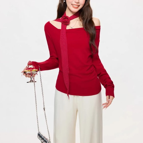 2色／アシメネックサイドギャザーカットソー ・75079