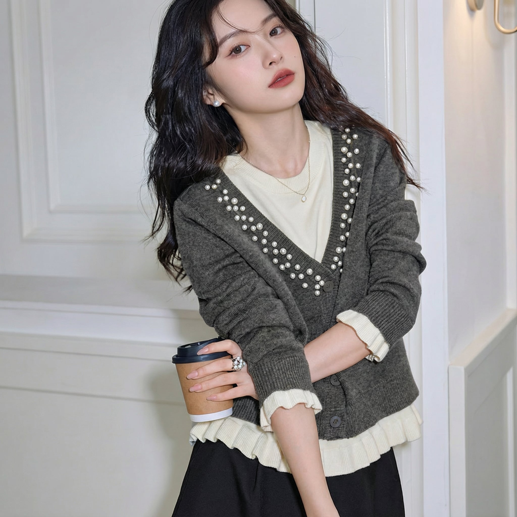 Fake two-piece pearl sweater 00237