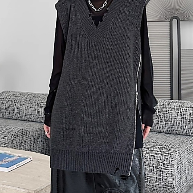 Side-zip long oversized vest C0086
