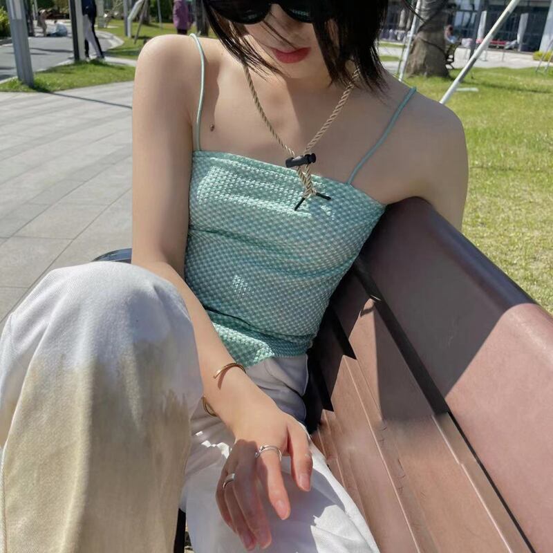 トップス サマーアシンメトリー格子柄 エラスティック 伸縮 夏物 ビッグFスモールZ韓国74330465742