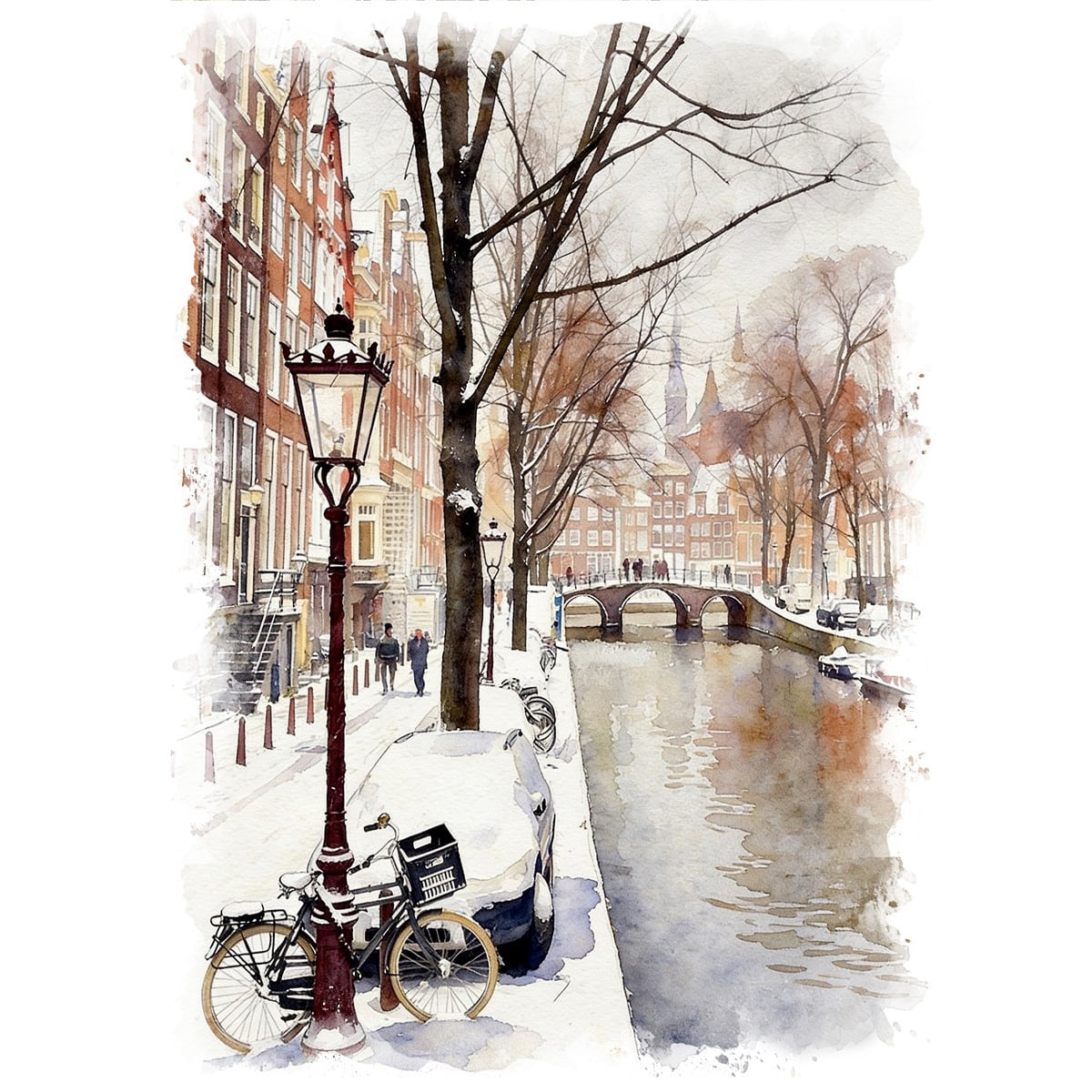 絵画 オランダ 風景画(街並み) アムステルダムの運河 インテリアアート額付き 水彩画・油絵調 WAT0442