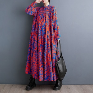 FLORAL CONTRAST TIERED LONG DRESS M-18295