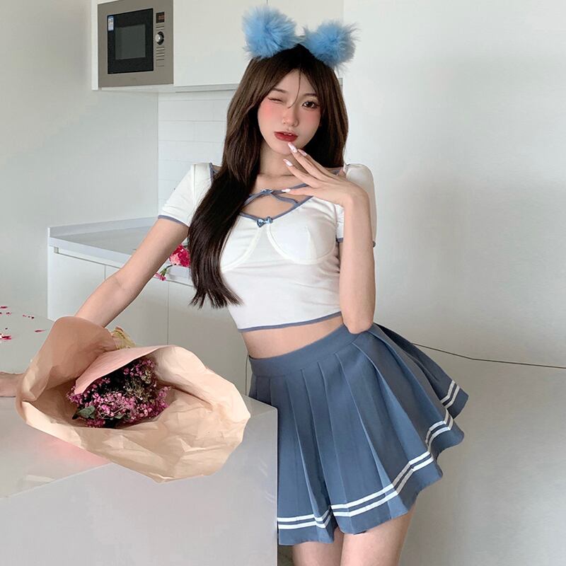 サマーリボンTシャツ ハイウェストウェストプリーツスカート 夏物 ピュア ハンチェンe39383519846