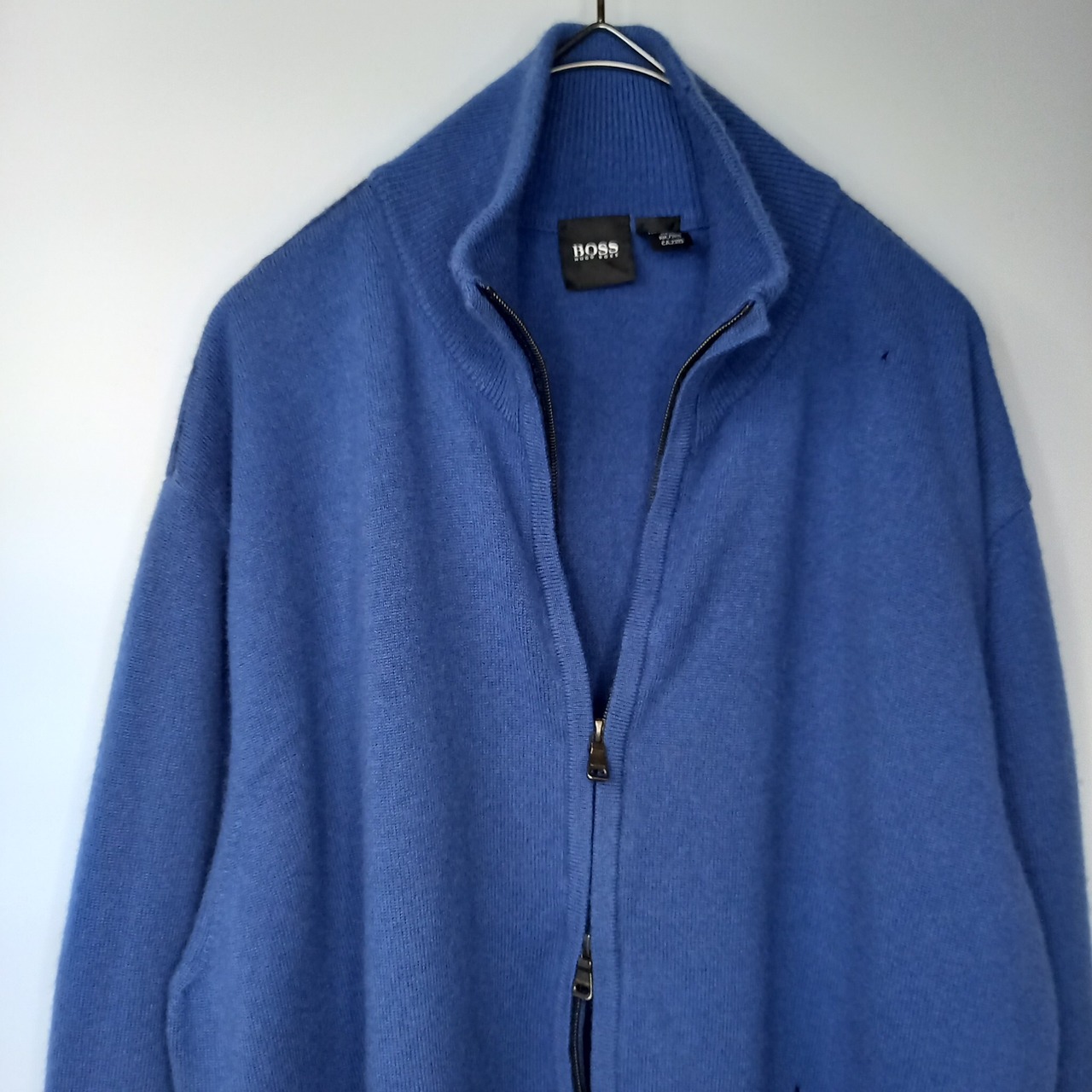 イタリア製　HUGO BOSS　ジップアップ　カシミヤニット　セーター　無地　ブルー　XL