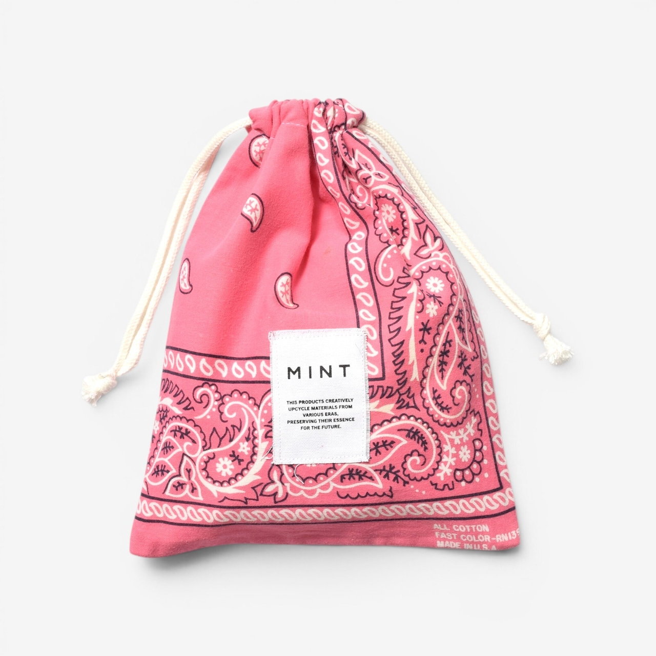 MINT ヴィンテージバンダナ 巾着ポーチ ピンク Lサイズ