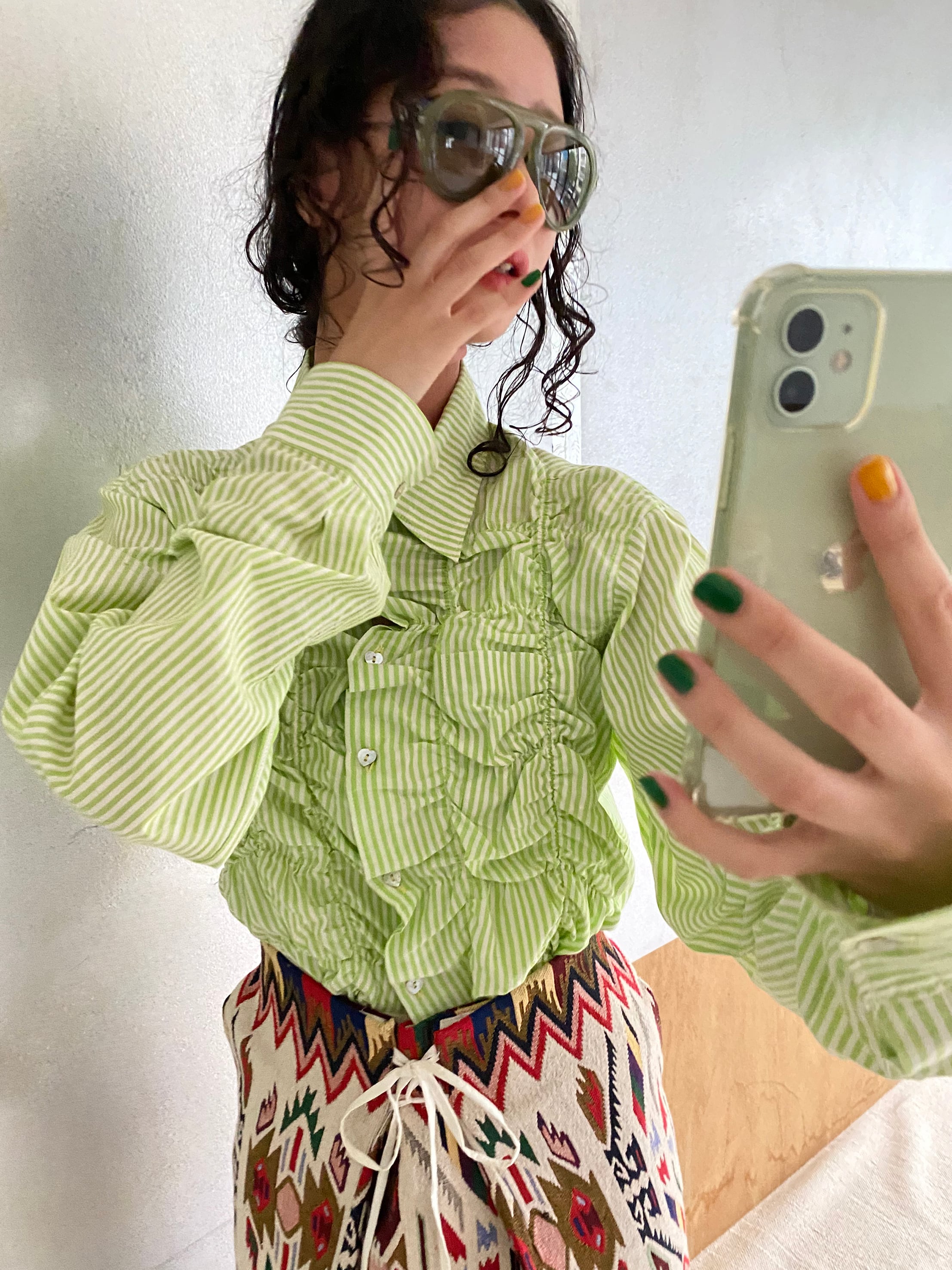 Shirring blouse, "neon green stripe" khadi cotton