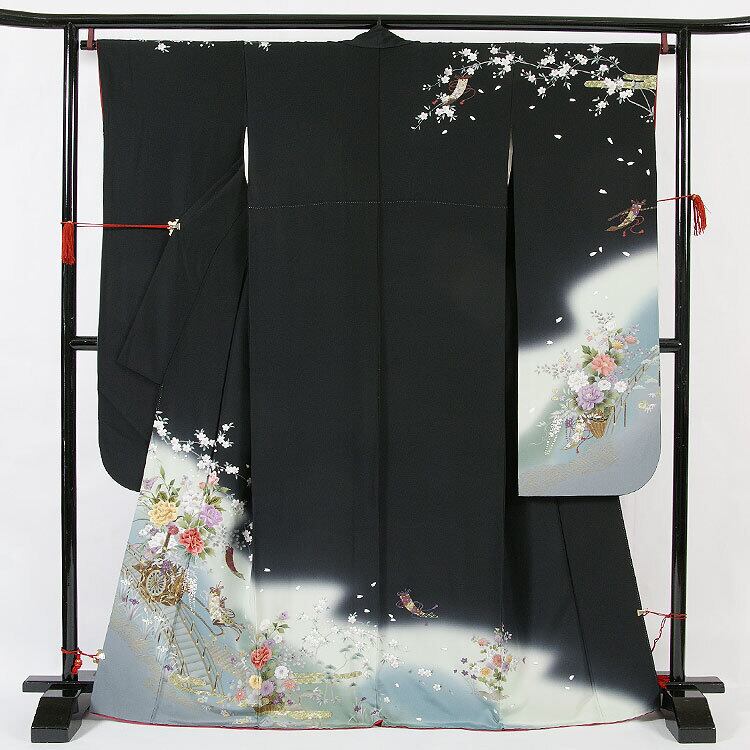 振袖 R6080301 京友禅 礼装 正絹 トールサイズ 成人式 結婚式 卒業式 謝恩会 結納 披露宴 黒 古典柄 リサイクル着物 【リユース】