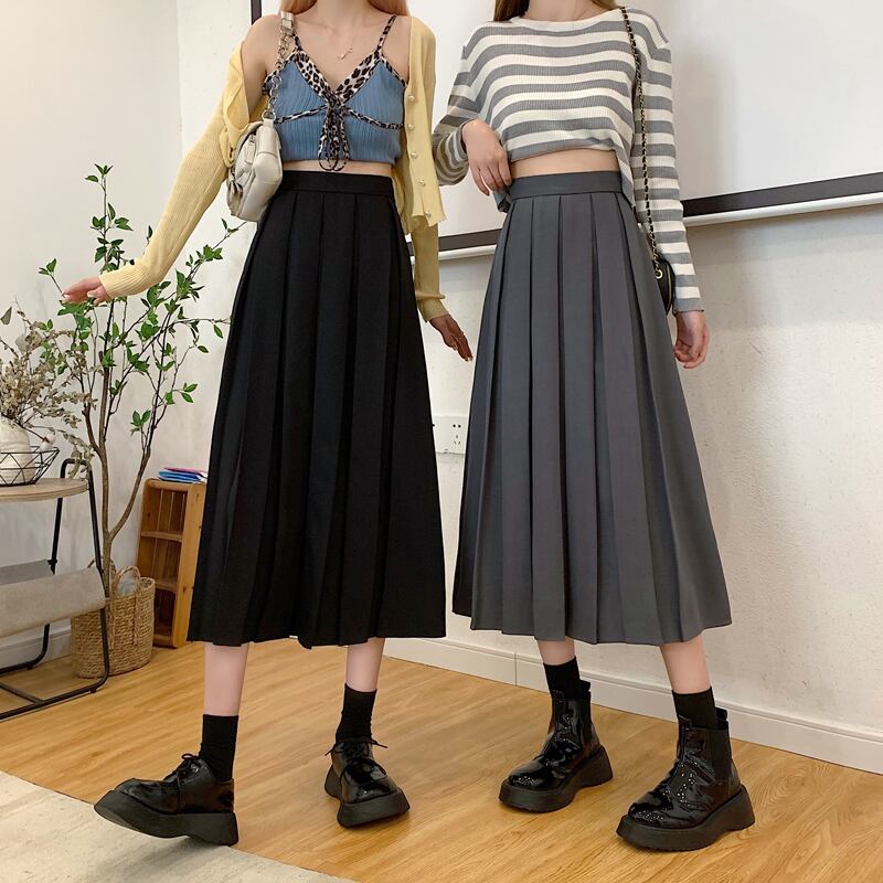 プリーツスカート Aラインスプリングオータムハイウェストウェストスタンダードロング レトロ 春物 秋物 試着室18094676919