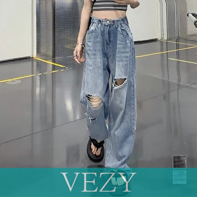 ダメージジーンズ レディースデニムパンツ 韓国ハイウエスト カジュアル ストレートジーンズ クラッシュデニムパンツ ウォッシュ加工 ストリート ジーパン おしゃれ ボトムス パンツ スカート ベジー VEZY ItemNo.【19561461 】