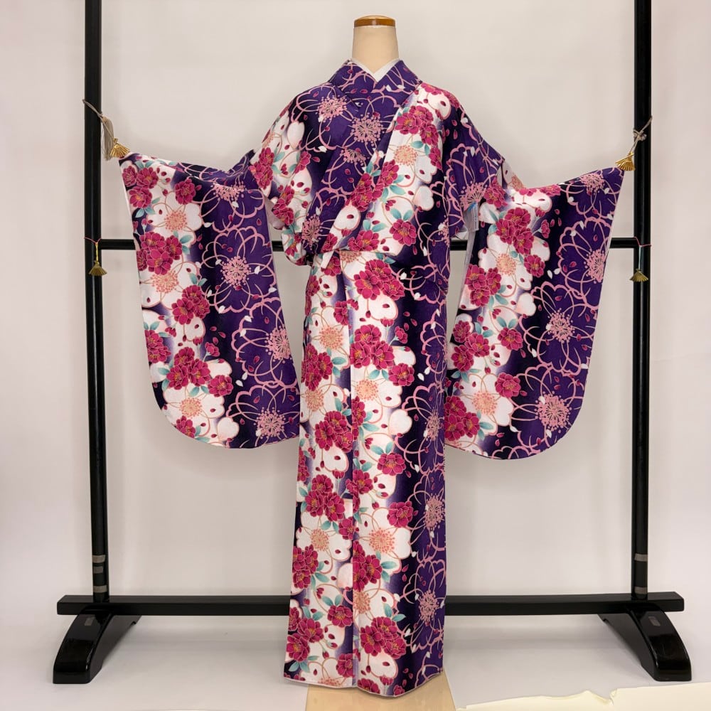 二尺袖 単品 卒業式着物 紫 裄67.5cm Lサイズ 袴用着物 化繊 中古 5789