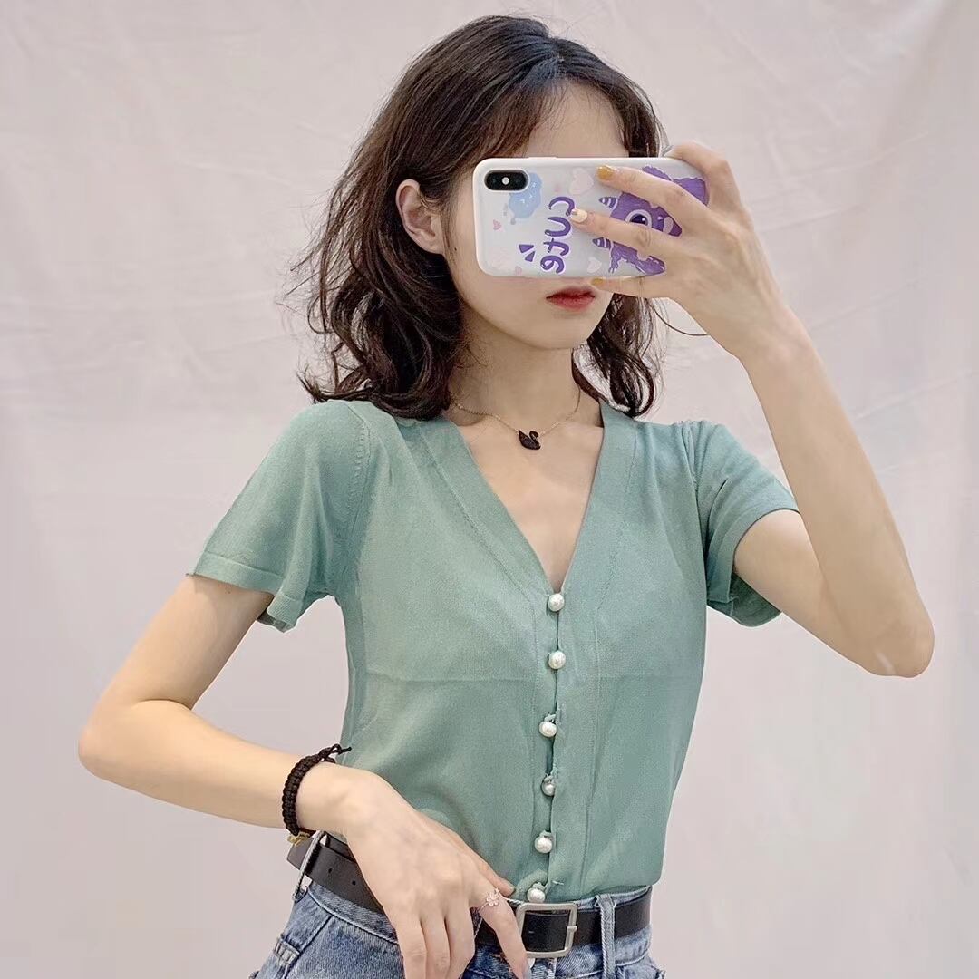 パールボタン Vネック5部袖カーディガン AJ111-211