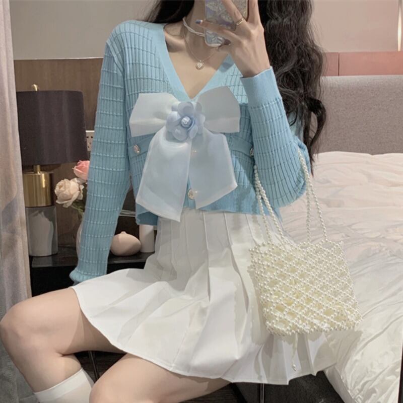 スリムニットセーター カーディガンジャケット オータムトップス ロング リボン 秋物 ピュア 萌量不足90587657613