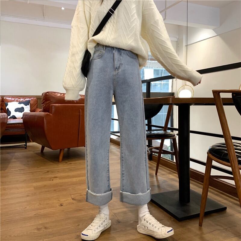 スプリングオータムハイウェストジーンズ レディースルーズパンツ 春物 秋物 萌量不足95158192244