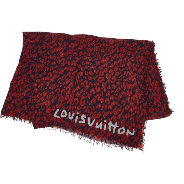 ルイ ヴィトン エトール レオパード ショール 大判 401910 レッド ネイビー シルク カシミア レディース LOUIS VUITTON 【中古】