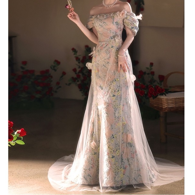 オフショルダー花柄ジャガードドレス　D0470