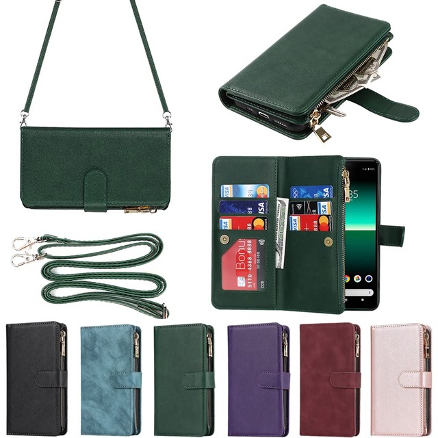 Eastwave for Xperia 10 II ケース ソニー for Sony エクスペリア 10II SO-41A 縄掛けケース 手帳型 財布型 ICカード コインポケット ストラップ付き カード 収納 小銭入れ ファスナーポケット付き PUレザー 6色 グリーン