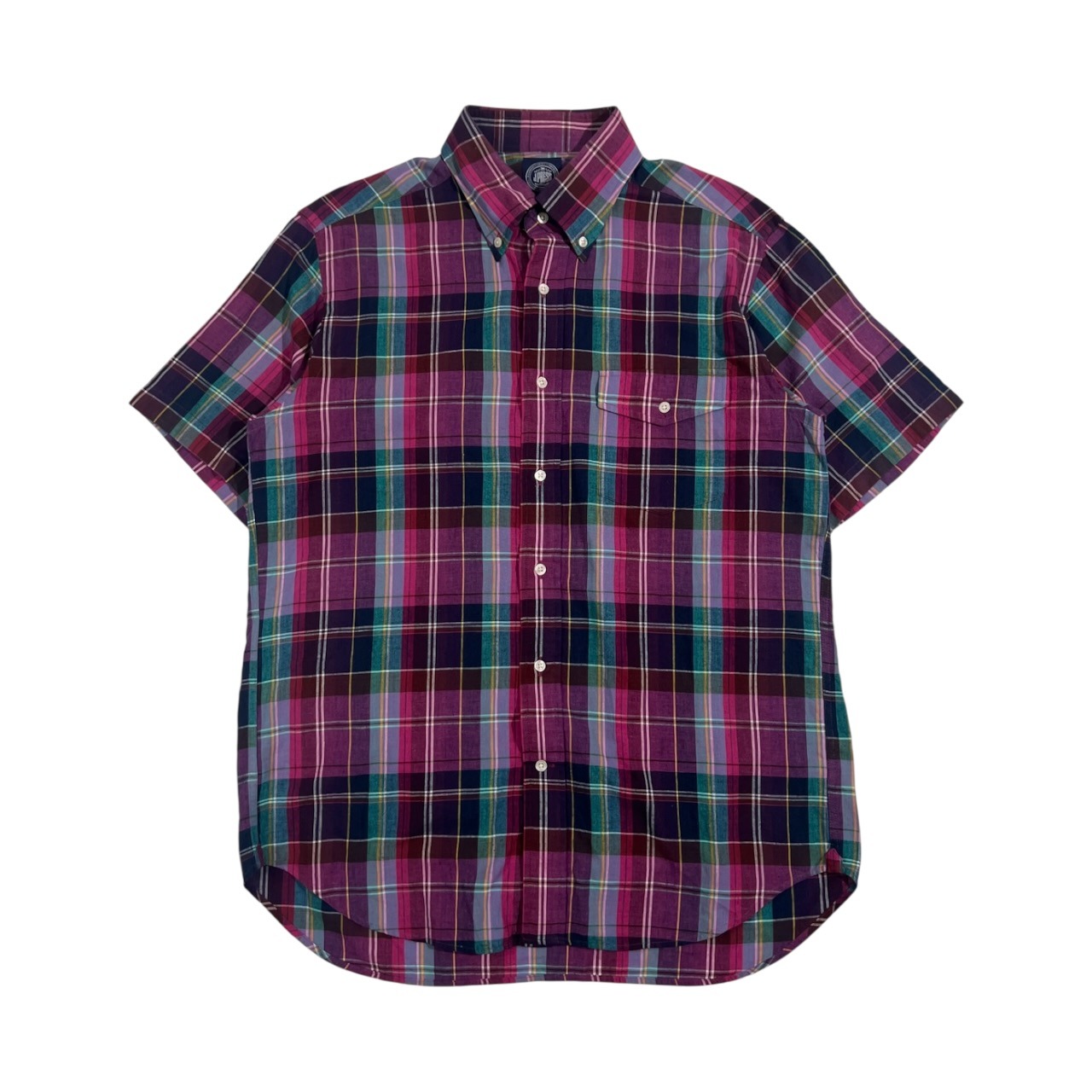 J.PRESS ジェイプレス マドラスチェック BD ボタンダウン 半袖 シャツ サイズ L /パープル系 メンズ