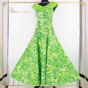 フラダンス 衣装 ワンピース ドレス グリーン系 パンドール フラ ダンス 緑 黄緑 白 ラウアエ柄 鮮やか ハワイアン アロハ フリル Paondor 日本製 華やか ハワイアンプリント かわいい ノースリーブ 袖なし ホワイト系