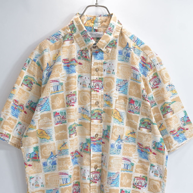 90s～ アメリカ製 BLUEWATER WEAR ブルーウォーターウェア フィッシング アロハ風 イラスト 総柄 半袖 シャツ カジキマグロ 風景 USED ヴィンテージ ビンテージ USA 古着 メンズL相当