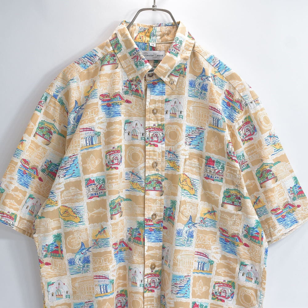 90s~ アメリカ製 BLUEWATER WEAR ブルーウォーターウェア フィッシング アロハ風 イラスト 総柄 半袖 シャツ カジキマグロ 風景 USED ヴィンテージ ビンテージ USA 古着 メンズL相当