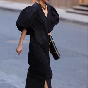 Balloon Sleeve V-Neck  Midi Dress　W00134