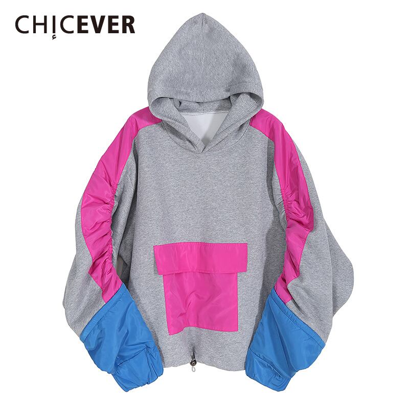 CHICEVERフリーススウェットシャツレディースフード付きカラーパフ長袖パッチワークヒットカラー特大プルオーバー2021 ロング 6base512601647289