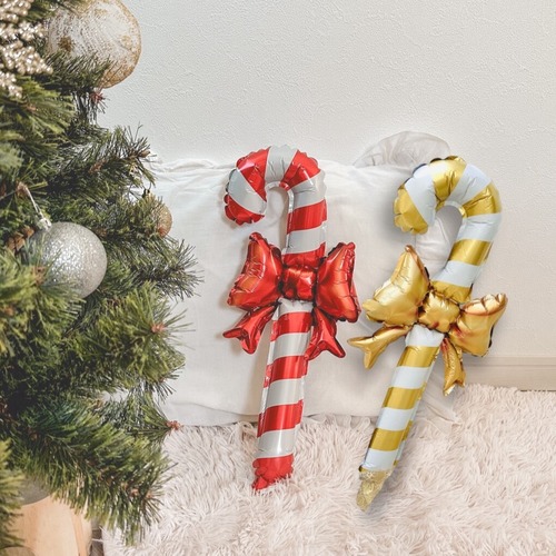 "[2025限定Special価格100円]★即納" Ribbonつき Candy cane balloon[h57cm/2colors]  : クリスマス バルーン　キャンディケイン　キャンディケーン　リボン　レッド　ゴールド